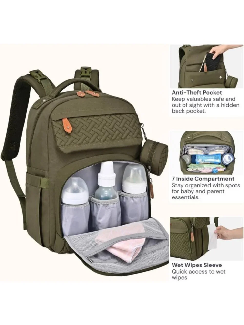 Large Waterproof Diaper Bag Backpack with Changing Pad, Stroller Clips & Luggage